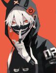  1boy bandages earrings finger_to_mouth highres hood hood_up index_finger_raised jewelry looking_at_viewer male_focus mask mouth_mask original pale_skin red_eyes ring sakusya2honda shushing solo white_hair 