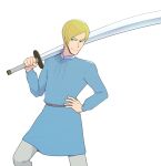  1boy aboutama alternate_hairstyle blonde_hair blue_eyes domas feet_out_of_frame hand_on_hip long_sword male_focus ousama_ranking over_shoulder short_hair smile solo sword sword_over_shoulder thick_eyebrows weapon weapon_over_shoulder white_background 