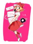  1girl aqua_eyes blonde_hair blush border bow calling delivery happy hat mother_(game) mother_2 open_mouth phone pizza_box pizza_delivery red_bow red_legwear red_skirt shifumame shirt skirt smile solo teeth tracy utility_pole white_border white_footwear white_shirt 
