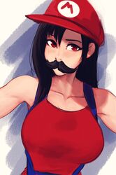  1girl absurdres blush cosplay crossover facial_hair final_fantasy final_fantasy_vii hat highres italian_senate_hack long_hair looking_at_viewer mario mario_(cosplay) mustache nintendo raichiyo33 red_eyes super_mario_bros. sweat tifa_lockhart 