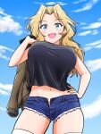  1girl bangs black_shirt blonde_hair blue_eyes blush breasts contrapposto covered_nipples cowboy_shot crop_top crop_top_overhang cutoffs denim denim_shorts eyebrows_visible_through_hair forehead from_below girls_und_panzer hachiko_(kota091986) hair_intakes hand_on_hip highres jacket jacket_over_shoulder jacket_removed kay_(girls_und_panzer) large_breasts long_hair looking_at_viewer midriff navel open_fly open_mouth parted_bangs shirt short_shorts shorts sky smile thigh-highs thighs unzipped 