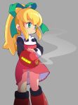  1girl arm_cannon blonde_hair blush_stickers dress green_eyes green_ribbon hair_ribbon ki_(adotadot) long_hair mega_man_(classic) mega_man_(series) panties ponytail red_dress red_skirt ribbon roll_(mega_man) simple_background skirt solo underwear weapon 