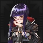  1girl breasts brown_eyes choker glasses head_rest highres kaorihero looking_at_viewer official_art pale_skin polygon_project purple_hair solo virtual_youtuber xpi 