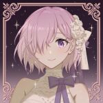  1girl bare_shoulders blush bow closed_mouth collarbone deepseaeidolon eyebrows_visible_through_hair fate/grand_order fate_(series) flower framed hair_flower hair_ornament hair_over_one_eye looking_at_viewer mash_kyrielight pink_hair purple_bow shiny shiny_hair short_hair smile solo violet_eyes white_flower 