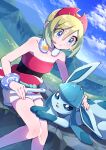  1girl absurdres bangs blonde_hair blue_eyes blush closed_mouth clouds collar collarbone commentary_request day eyelashes glaceon grass hairband highres holding irida_(pokemon) knees knees_together_feet_apart outdoors pokemon pokemon_(creature) pokemon_(game) pokemon_legends:_arceus pon_yui red_hairband red_shirt rock sash shiny shiny_skin shirt short_hair shorts sitting sky strapless strapless_shirt white_shorts 