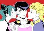  1girl 2boys black_hair blonde_hair braid braided_bun closed_eyes diamond_wa_kudakenai double_bun gakuran giorno_giovanna green_hair heart higashikata_josuke jojo_no_kimyou_na_bouken kujo_jolyne lipstick_mark multicolored_hair multiple_boys pompadour purple_hair school_uniform stone_ocean sumo_(komokomo1201) two-tone_hair vento_aureo violet_eyes wing_ornament 