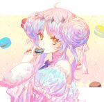 1girl ahoge bangs blue_hair blue_ribbon commentary_request double_bun eating eyebrows_visible_through_hair eyelashes food fur-trimmed_sleeves fur_trim hair_ribbon looking_at_viewer mint5464 neck_ribbon original parted_bangs parted_lips puffy_sleeves ribbon solo star-shaped_pupils star_(symbol) sweets symbol-shaped_pupils thick_eyebrows upper_body yellow_eyes 