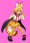  1girl absurdres alternate_eye_color animal_ear_fluff animal_ears bangs black_cape black_footwear blonde_hair blush bow bow_footwear cape commentary elbow_gloves extra_ears fangs full_body gloves hair_between_eyes high-waist_skirt highres kemono_friends looking_at_viewer oogushi_aritomo open_mouth pink_background print_gloves print_legwear print_skirt red_bow red_eyes serval_(kemono_friends) serval_print shirt shoes short_hair simple_background skirt sleeveless sleeveless_shirt solo tail thigh-highs vampire_costume white_shirt zettai_ryouiki 