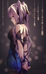  1girl arms_behind_back bangs blush bracelet breasts closed_mouth commentary dress eyebrows_visible_through_hair formal genshin_impact hair_ornament highres jewelry keqing_(genshin_impact) keqing_(opulent_splendor)_(genshin_impact) long_hair looking_at_viewer looking_to_the_side purple_hair rimuu smile solo strapless strapless_dress twintails violet_eyes 