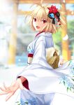  1girl absurdres arcueid_brunestud bangs blonde_hair blush breasts floral_print hair_ornament harukey highres japanese_clothes kimono large_breasts long_sleeves looking_at_viewer looking_back obi open_mouth red_eyes sash short_hair smile solo tsukihime white_kimono wide_sleeves 