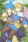  1boy 1girl angel_wings blonde_hair blue_eyes blue_footwear blue_hair breasts breath_of_fire breath_of_fire_iv closed_mouth dress feathered_wings gofelem hairband jewelry looking_at_viewer nina_(breath_of_fire_iv) pantyhose ponytail ryuu_(breath_of_fire_iv) short_hair smile staff sword weapon wings 