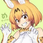  1girl animal_ear_fluff animal_ears bangs bare_shoulders blonde_hair blush bow bowtie claw_pose commentary elbow_gloves extra_ears fang gloves green_background grin hair_between_eyes japari_symbol kemono_friends looking_at_viewer oogushi_aritomo orange_eyes portrait print_bow print_bowtie print_gloves serval_(kemono_friends) serval_print shirt short_hair simple_background sleeveless sleeveless_shirt smile solo star_(symbol) star_in_eye symbol_in_eye teeth white_shirt 
