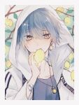  1boy bandaid blue_hair duplicate earrings food fruit fruit_tree highres hood hood_up hoodie jewelry lemon looking_at_viewer male_focus multicolored_eyes myuhuaki necklace original pale_skin pixel-perfect_duplicate plant solo stud_earrings tree violet_eyes yellow_eyes 