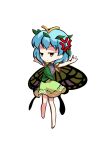  1girl anger_vein antennae aqua_hair barefoot brown_eyes butterfly_wings chibi closed_mouth dairi dress eternity_larva eyebrows_visible_through_hair fairy frown full_body green_dress hair_between_eyes leaf leaf_on_head multicolored_clothes multicolored_dress short_hair short_sleeves single_strap solo spread_legs standing tachi-e touhou transparent_background wings 