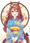  1girl animal_ears blue_eyes blue_kimono braid brown_hair commentary egasumi eyebrows_visible_through_hair floral_background floral_print flower furisode hair_flower hair_ornament highres horse_ears horse_girl horse_tail japanese_clothes kimono long_hair long_sleeves looking_at_viewer obi open_mouth own_hands_together print_kimono sash shiromaru_illust smile solo standing super_creek_(umamusume) tail umamusume v_arms 