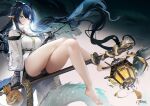  1girl arknights bangs bare_legs barefoot black_gloves black_shorts blue_eyes blue_hair breasts closed_mouth coat crossed_legs cup dragon dragon_girl dragon_horns earrings elbow_gloves eyebrows_visible_through_hair full_body gloves gourd gradient gradient_background holding holding_cup horns jewelry lantern large_breasts ling_(arknights) long_hair long_sleeves looking_at_viewer necktie omone_hokoma_agm open_clothes open_coat pointy_ears shirt short_shorts shorts signature sitting smile solo staff underbust very_long_hair white_coat white_shirt yellow_necktie 