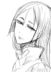  1girl evil_smile fate/grand_order fate_(series) greyscale half-closed_eyes head_tilt highres looking_at_viewer minamoto_no_raikou_(fate) monochrome nakamura_regura portrait simple_background sketch smile solo white_background 