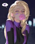  batgirl batman_(series) black_background black_bodysuit blonde_hair blue_eyes bodysuit breasts chewing_gum dc_comics facial_mark hair_behind_ear heart highres leaning_back long_hair medium_breasts portrait smile speech_bubble spoken_heart stephanie_brown superhero yaoyao794 