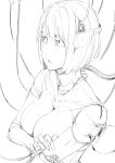  1girl breasts cable from_side greyscale highres large_breasts medium_hair monochrome nakamura_regura original parted_lips robot simple_background solo upper_body white_background 