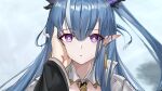  1boy 1girl arknights bangs blue_hair commentary_request earrings eyebrows_visible_through_hair hair_between_eyes hand_on_another&#039;s_face horns jewelry ling_(arknights) long_hair long_sleeves long_wuxian looking_at_viewer multicolored_hair out_of_frame parted_lips pointy_ears ponytail portrait shirt solo_focus streaked_hair violet_eyes white_hair white_shirt wide_sleeves 