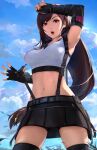  1girl aircraft arm_up bangs bike_shorts black_gloves black_legwear black_skirt breasts brown_hair clouds cloudy_sky crop_top day earrings elbow_gloves english_commentary eyebrows_visible_through_hair final_fantasy final_fantasy_vii final_fantasy_vii_remake fingerless_gloves gloves hand_on_own_head highres highwind jewelry large_breasts long_hair looking_at_viewer miniskirt navel open_mouth outdoors red_eyes revision shorts shorts_under_skirt skirt sky sleeveless solo_focus stomach suspender_skirt suspenders sweat thigh-highs tifa_lockhart twitter_username underwear unsomnus very_long_hair zipper zipper_pull_tab 