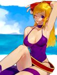  1girl ;) arm_over_head arm_up armpits bare_shoulders blonde_hair breasts collarbone day dress fatal_fury fingerless_gloves gloves highres jenet_behrn large_breasts long_hair looking_at_viewer mark_of_the_wolves one_eye_closed oni_gini outdoors parted_lips purple_dress red_gloves sitting sky smile snk solo violet_eyes 
