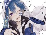  1boy blue_hair chain ear_piercing highres hood hood_up long_sleeves looking_to_the_side male_focus myuhuaki one_eye_closed open_mouth original pale_skin piercing sleeves_past_wrists solo tongue_piercing violet_eyes 