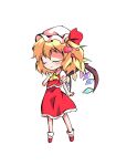  1girl ascot bangs blonde_hair blush chibi clip_studio_paint_(medium) closed_eyes closed_mouth collared_dress crystal dairi dress eyebrows_visible_through_hair flandre_scarlet frills full_body hair_between_eyes hair_ribbon hand_up hat heart jewelry mob_cap multicolored_wings one_side_up pink_heart puffy_short_sleeves puffy_sleeves red_dress red_footwear red_ribbon ribbon shirt shoes short_hair short_sleeves simple_background smile socks solo standing tachi-e touhou white_background white_headwear white_legwear white_shirt wings yellow_ascot 