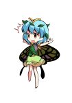  1girl ^^^ antennae aqua_hair barefoot brown_eyes butterfly_wings chibi dairi dress eternity_larva eyebrows_visible_through_hair fairy full_body green_dress hair_between_eyes leaf leaf_on_head multicolored_clothes multicolored_dress open_mouth short_hair short_sleeves single_strap solo spread_legs standing tachi-e touhou transparent_background wings 