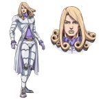  1boy blonde_hair closed_mouth coat curly_hair funny_valentine gloves grandguerrilla grey_eyes highres jojo_no_kimyou_na_bouken long_hair looking_at_viewer multiple_views pants portrait purple_gloves simple_background steel_ball_run white_background white_coat white_pants 