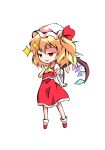  1girl ascot bangs black_eyes blonde_hair chibi clip_studio_paint_(medium) collared_dress crystal dairi dress eyebrows_visible_through_hair flandre_scarlet frills full_body hair_between_eyes hair_ribbon hand_up hat jewelry looking_to_the_side mob_cap multicolored_wings one_side_up open_mouth puffy_short_sleeves puffy_sleeves red_dress red_eyes red_footwear red_ribbon ribbon shirt shoes short_hair short_sleeves simple_background smile smug socks solo standing star_(symbol) tachi-e touhou white_background white_headwear white_legwear white_shirt wings yellow_ascot 