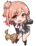  1girl :d black_jacket black_legwear blazer blush bow chibi commentary dog eyebrows_visible_through_hair eyes_visible_through_hair full_body hair_bun hand_on_thigh hand_up highres jacket leaning_forward long_sleeves looking_at_viewer medium_hair ookuma_nekosuke open_clothes open_jacket open_mouth outline pink_eyes pink_hair plaid plaid_skirt red_bow red_eyes redhead school_uniform shirt side_bun simple_background skirt smile socks solo teeth tongue tongue_out upper_teeth v white_background white_shirt yahari_ore_no_seishun_lovecome_wa_machigatteiru. yuigahama_yui 