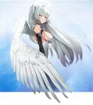  +_+ 1girl angel angel_wings bangs breasts closed_mouth cropped_torso elbow_gloves eyebrows_visible_through_hair feathered_wings from_side gloves halo highres large_breasts liyou-ryon long_hair looking_at_viewer original silver_hair smile solo upper_body wings yellow_eyes 