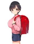  1girl backpack bag black_hair blue_shorts bracelet breasts brown_eyes commentary_request from_side hair_ornament hairclip hands_up jewelry large_breasts long_sleeves looking_at_viewer looking_to_the_side motion_lines oppai_loli original pink_sweater randoseru red_bag shiny shiny_hair short_hair short_shorts shorts simple_background solo standing sweater white_background yaegashi_nan 