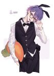  1boy animal_ears ear_piercing fake_animal_ears fake_tail formal glasses gradient_hair highres male_focus multicolored_hair myuhuaki original pale_skin piercing purple_hair rabbit_boy rabbit_ears rabbit_tail solo suit tail tongue tongue_out violet_eyes 