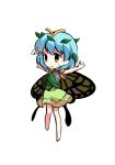  1girl antennae aqua_hair barefoot brown_eyes butterfly_wings chibi dairi dress eternity_larva eyebrows_visible_through_hair fairy full_body green_dress hair_between_eyes leaf leaf_on_head multicolored_clothes multicolored_dress open_mouth short_hair short_sleeves single_strap solo spread_legs standing tachi-e touhou transparent_background wings 