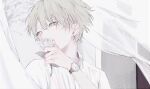  1boy androgynous bishounen covered_mouth curtains earrings flower grey_eyes highres jewelry looking_afar looking_to_the_side male_focus original pale_skin sinaco solo watch watch white_hair 