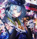  1boy absurdres androgynous arknights blue_hair chopsticks eating food hat highres jellyfish looking_at_viewer looking_to_the_side male_focus mizuki_(arknights) pale_skin solo tongue tongue_out violet_eyes zeklewaaa 