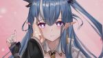  1boy 1girl arknights bangs blue_hair blue_nails bridal_gauntlets earrings eyebrows_visible_through_hair hair_between_eyes hand_on_another&#039;s_face hand_up heart heart-shaped_pupils horns jewelry ling_(arknights) long_hair long_sleeves long_wuxian looking_at_viewer multicolored_hair nail_polish out_of_frame pointy_ears ponytail portrait shirt solo_focus streaked_hair symbol-shaped_pupils violet_eyes white_hair white_shirt wide_sleeves 