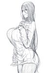  1girl breasts cowboy_shot dress fate/grand_order fate_(series) greyscale highres huge_breasts long_hair looking_at_viewer minamoto_no_raikou_(fate) monochrome nakamura_regura pantyhose parted_lips simple_background solo sweater sweater_dress very_long_hair white_background 