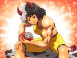  1girl animal_ears bangs bare_shoulders bench black_hair breasts closed_mouth commentary_request cow_ears cow_girl cow_tail dumbbell exercise eyelashes feet_out_of_frame hand_on_own_knee knees large_breasts multicolored_hair muscular muscular_female red_eyes shiny shiny_hair shirosato short_hair shorts sitting solo sweat tail tank_top touhou two-tone_hair ushizaki_urumi wavy_hair white_hair yellow_shorts yellow_tank_top 