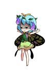  1girl antennae aqua_hair barefoot brown_eyes butterfly_wings chibi dairi dress eternity_larva evil_smile eyebrows_visible_through_hair fairy full_body green_dress hair_between_eyes leaf leaf_on_head multicolored_clothes multicolored_dress open_mouth shaded_face short_hair short_sleeves single_strap smile solo spread_legs standing tachi-e touhou transparent_background wings 