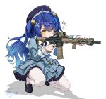  1girl absurdres ahoge aiming amamiya_kokoro asanaya assault_rifle bangs bell black_footwear blue_dress blue_hair blush closed_mouth commentary_request dress fang gun hair_intakes hair_ornament hat highres holding holding_gun holding_weapon jingle_bell juliet_sleeves loafers long_hair long_sleeves nijisanji one_knee petticoat puffy_sleeves rifle scope shadow shoes signature skin_fang smile solo sparkle thigh-highs weapon white_legwear wings x_hair_ornament yellow_eyes 