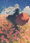  1girl bangs black_dress blue_eyes blue_sky blush closed_mouth clouds collared_dress commentary dress expressionless flower highres holding holding_umbrella long_hair long_sleeves original outdoors parasol petals pink_flower potg_(piotegu) sky solo standing umbrella white_hair 