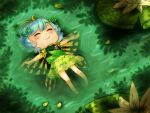  1girl antennae aqua_hair barefoot blush butterfly_wings closed_eyes closed_mouth dress english_commentary eternity_larva fairy green_dress leaf leaf_on_head lily_pad lying_on_water manamanami multicolored_clothes multicolored_dress outstretched_arms short_hair short_sleeves single_strap smile solo spread_arms touhou wings 