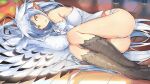 1girl ahoge artist_request bare_shoulders bird_legs breasts earrings eyebrows_visible_through_hair feathered_wings feathers harpy haru_(monster_musume) jewelry large_breasts long_hair looking_at_viewer lying medium_breasts monster_girl monster_musume_no_iru_nichijou monster_musume_no_iru_nichijou_online official_art on_floor open_mouth panties pointy_ears sideboob solo surprised talons underwear very_long_hair white_hair white_panties white_wings winged_arms wings yellow_eyes 