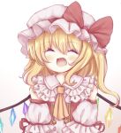  1girl :d ^_^ adapted_costume bangs bare_shoulders blonde_hair blush bow closed_eyes crystal detached_sleeves eyebrows_visible_through_hair fang flandre_scarlet frilled_shirt_collar frills hair_between_eyes happy hat hat_bow long_hair mob_cap one_side_up red_bow simple_background smile solo touhou upper_body white_background wings yuzu_shino_(bon2rose) 