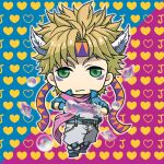  1boy bad_boy battle_tendency blonde_hair bubble caesar_anthonio_zeppeli chibi facial_mark feather_hair_ornament feathers fingerless_gloves gloves green_eyes hair_ornament headband heart heart_background hydrokinesis jojo_no_kimyou_na_bouken knee_pads male_focus pink_scarf scarf solo triangle_print water 