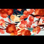  1girl :3 bangs blue_hair blurry blurry_foreground blush_stickers branch bukka-chan_(butudan_butugu) butudan_butugu commentary depth_of_field eye_reflection flower from_side highres jitome letterboxed looking_at_viewer looking_to_the_side multicolored_hair no_nose no_sclera one_eye_covered original plum_blossoms red_flower reflection shirt short_hair solo streaked_hair swept_bangs upper_body white_background white_hair white_shirt 