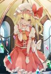  1girl absurdres ascot bangs blonde_hair blurry blurry_background blush bow collarbone commentary corset crystal drill_hair eyebrows_visible_through_hair feet_out_of_frame flandre_scarlet hair_between_eyes hand_on_own_cheek hand_on_own_face hand_up hat hat_bow head_tilt highres indoors iyo_(ya_na_kanji) light_particles looking_at_viewer mob_cap one_side_up parted_lips petticoat puffy_short_sleeves puffy_sleeves red_bow red_eyes red_skirt red_vest short_hair short_sleeves skirt smile solo standing touhou vest white_bow white_headwear window wing_collar wings wrist_cuffs yellow_ascot 